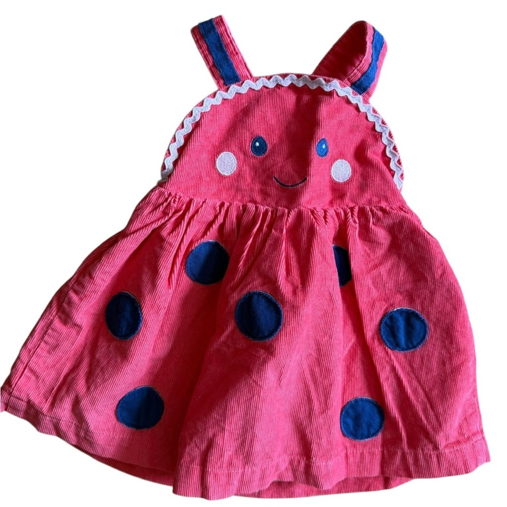 Baby boden Pink Ladybug pinnie Dress with Blue Dots